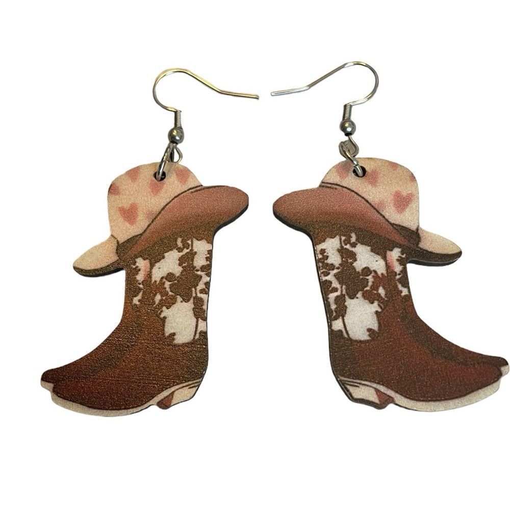 COWBOY BOOTS N HAT WOODEN EARRINGS